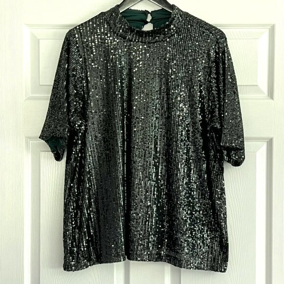 Calvin Klein short sleeve green sequin top blouse size 1X NWT - Picture 1 of 8